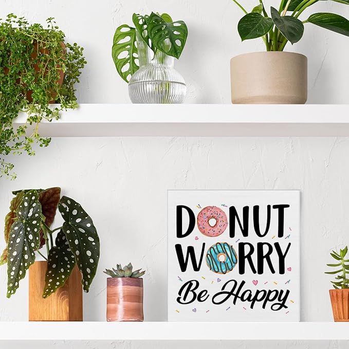 Funny Kitchen Decor Donut Worry Be Happy Wood Block Sign Home Kitchen Desk Table Shelf Decoration