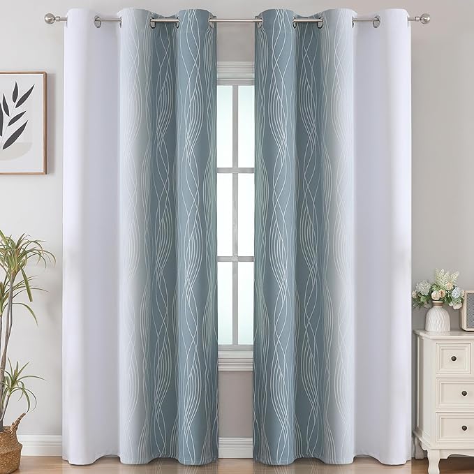 Estelar Textiler Stone Blue and Greyish White Gradient Room Darkening Blackout for Living Room, Thermal Insulated Ombre Light Blocking Grommet Blackout Drapes for Bedroom, 42Wx84L, 2 Panels
