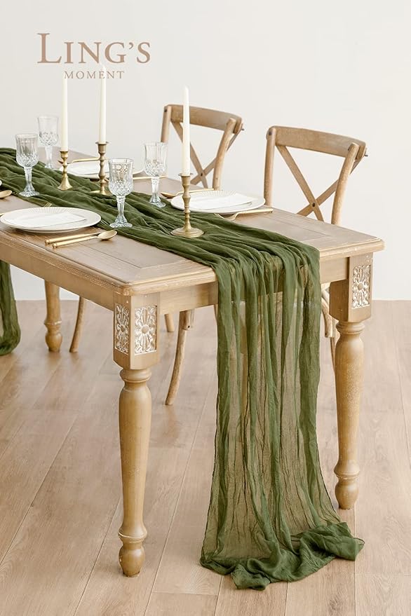 Ling's Moment 14Ft x 35" Wide Olive Moss Green Gauze Semi-Sheer Table Runner Cheesecloth Tablecloth for Wedding Party Bridal Shower Boho Table Decor Moss Green
