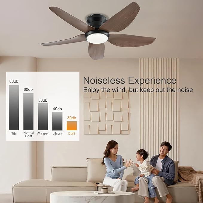 Ceiling Fans with Lights, 43 Inch Low Profile Ceiling Fan with Light and Remote/App Control, Flush Mount, Reversible DC Motor, 3CCT, Dimmable, Noiseless, Brown Ceiling Fan for Indoor/Outdoor Use