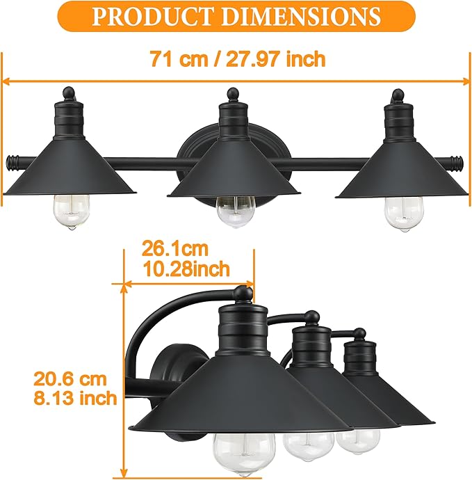 3 Light Bathroom Vanity Light Over Mirror - Farmhouse Wall Light for Bathroom Vanity Powder Room, Rustic Gooseneck Barn Style 3 Bulb Wall Sconce Over Kitchen Sink