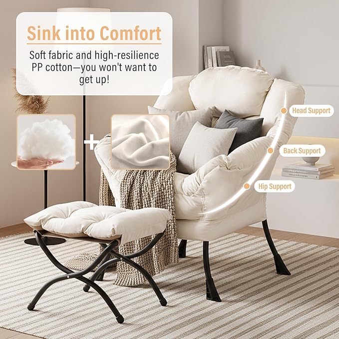 Lazy Chair with Ottoman, Modern Chair with Folding Footrest, Lounge Accent Chair, Comfortable Reading Chair, Oversized Armchairs for Bedroom, Study, Living Room, Courtyard (Beige)