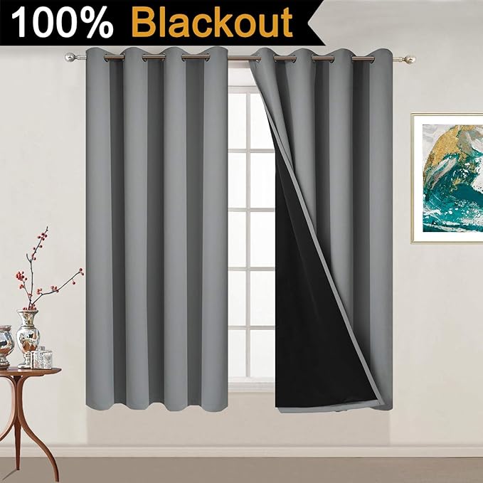 Yakamok Thermal Insulated 100% Blackout Curtains for Bedroom, Heat and Full Light Blocking Drapes with Black Liner for Living Room, 54 inches Length (Grey, 2 Panels, 52 inches Wide Each Panel)