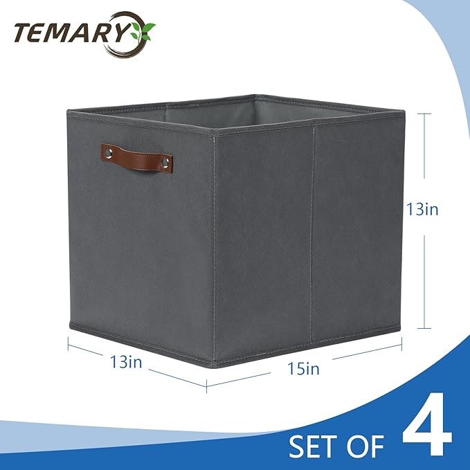 Temary Foldable Cube Baskets 4Pack - Grey, 13x15x13 Inch Fabric Storage Organizer Bins with Handles
