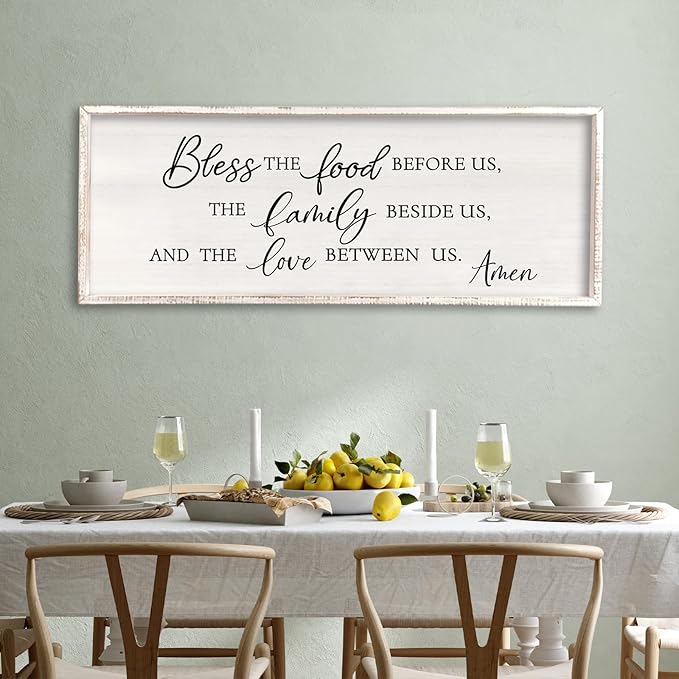 Surfapans Bless the Food Before Us Wall Decor, 32"X12" Farmhouse Dining Room Family Kitchen Sign, Christian Bible Verse Scripture Vintage Home Framed Wood Wall Art (White)