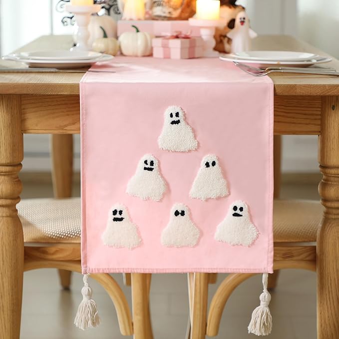 Breling Halloween Ghost Table Runner Jacquard Cute Ghost Halloween Dinner Table Runner Fall 3D Embroidered Kitchen Dining Decoration for Kitchen Farmhouse Holiday Party Decor 13x72" (Pink)