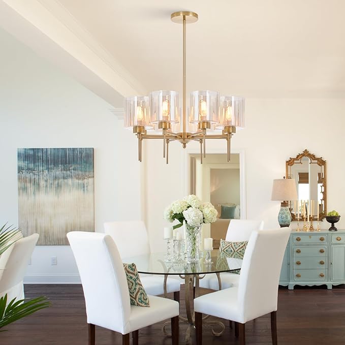 Brass Modern Chandeliers, Metal 8-Lights Chandelier Light Fixture with Amber Glass Shade, Hanging Pendant Lighting for Living Room, Dining Room, E26