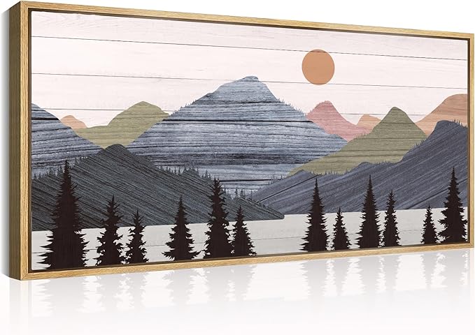 Framed Mountain Wall Art Pine Tree Forest Wall Decor Modern Mountain Range Painting 20x40 Inch for Living Room Bedroom Dining Room
