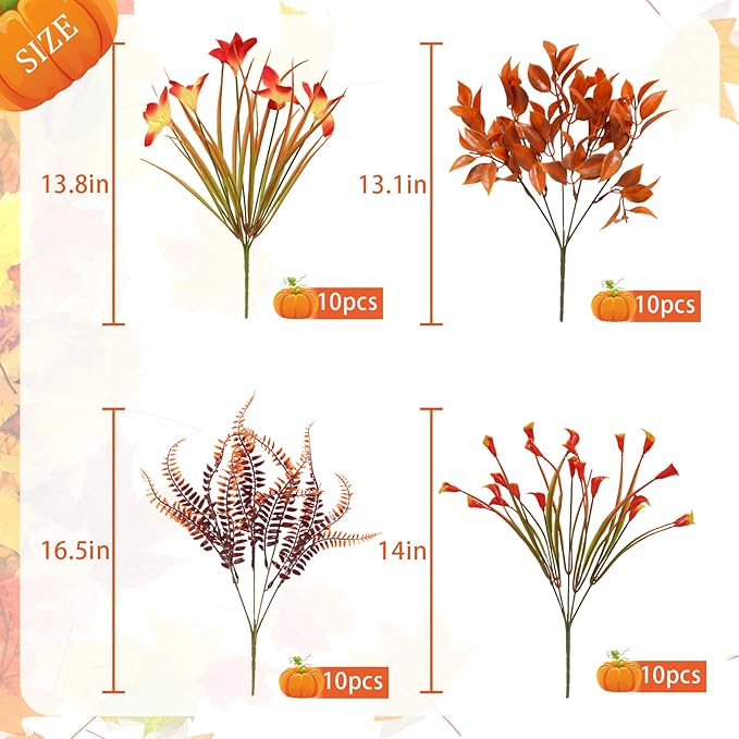 Agusbagli 40Pcs Artificial Fall Outdoor Flowers Fake Autumn Boxwood Plants UV Resistant Plastic No Fade Faux Fall Flowers Arrangements for Thanksgiving Autumn Weddings Porch Indoor Home Decorations