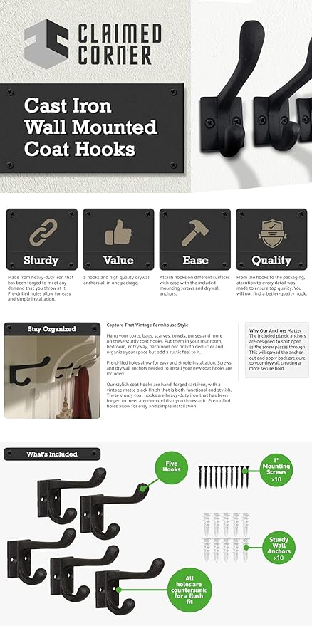 Claimed Corner Cast Iron Coat Hooks - Wall Mounted Rustic Farmhouse Matte Black Cast Iron DIY Coat Towel Hat Scarf Bags Hook 5-Pack