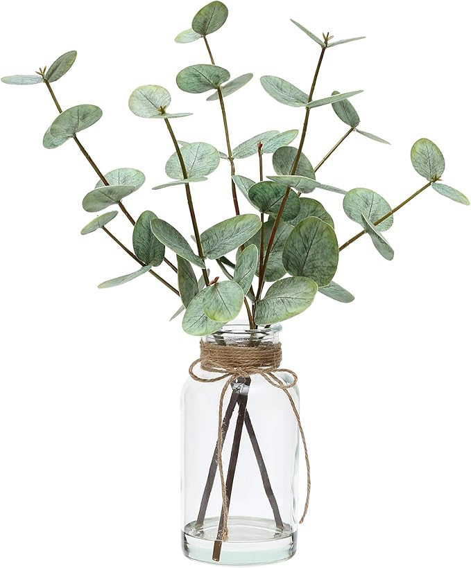 15" Artificial Eucalyptus Stems in Vase, Real Touch Small Fake Eucalyptus Plant for Table Bathroom Shelves Farmhouse Wedding Home Office Coffee Table Décor