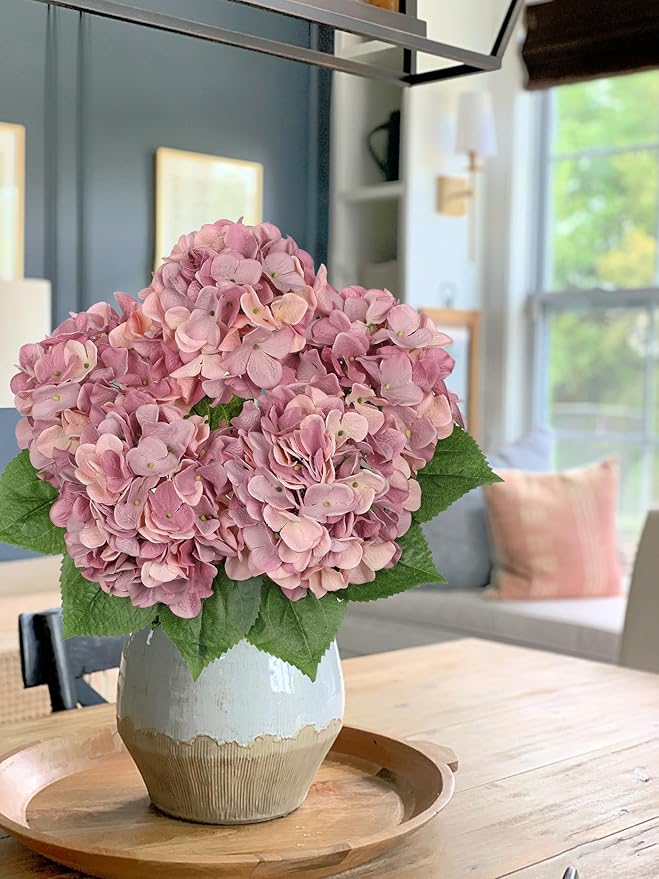 Pink Purple Hydrangea Artificial Flowers Large Artificial Hydrangeas Silk Flowers for Home Decor Indoor Wedding Flowers Bouquets Faux Flowers Kitchen Centerpiece Table Decorations
