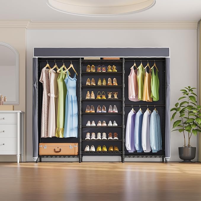 VIPEK S3C Heavy Duty Portable Closet with Adjustable Shoe Rack Wire Shelf, Large Wardrobe Organizer for Bedroom Storage, Freestanding Clothes Rack with Hanging Rod, Custom Black Rack with Grey Cover