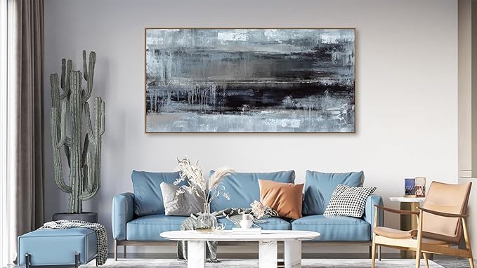 arteWOODS Abstract Framed Wall Art - Deep Blue Black Canvas Pictures Wall Decor Rustic Minimalist Vintage Painting Artwork Elegant Stylish Prints for Living Room Bedroom 40 x 20in Natural Wood Frame