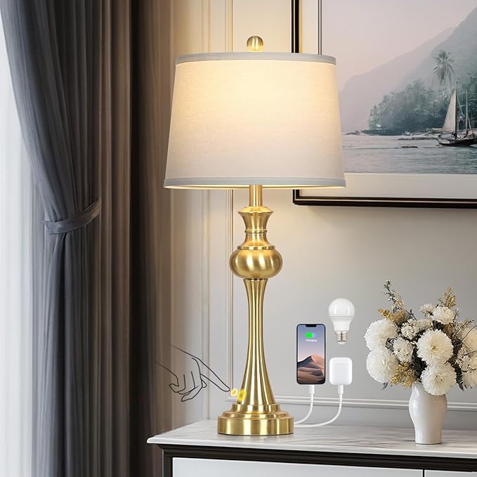 28.75" Gold Table Lamps Modern 3-Way Touch Control Dimmable Bedside Lamp with USB A+C Ports & AC Outlets for Living Room Bedroom Nightstand Lamp (Bulb Included)