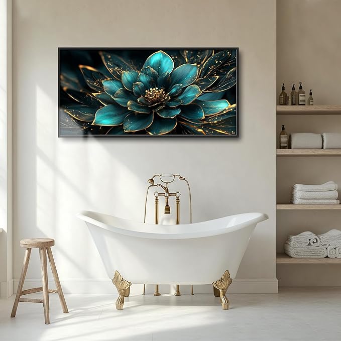 Framed Large Wall Art for Living Room, Teal Flower Canvas Wall Decor, Large Picture Framed Painting, Modern Artwork for Bedroom Office Home Decor 60L'' × 30W''
