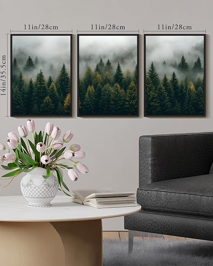 KUVIOKE Green Fog Pine Tree Landscape Framed Wall Art Nature Nordic Misty Forests Prints Morden Farmhouse Bedroom Living Room Ready to Hang 11x14in (Black Framed)