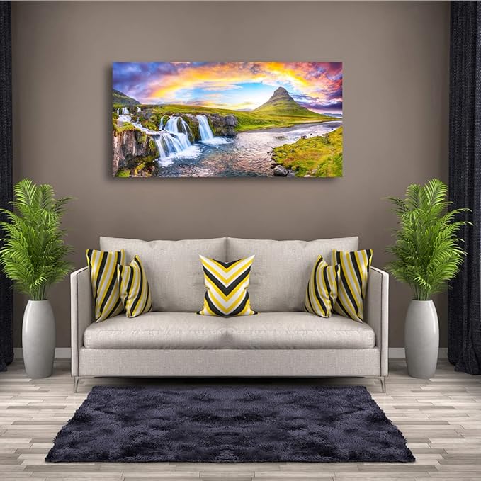 Waterfall Hill Pictures Canvas Wall Art For Living Room Bedroom Wall Decor,Hill Wall Art Print Paitnings for Home Decor,Morden Artwork Cloud Rainbow Canvas Art Waterproof Ready to Hang-20X40Inches