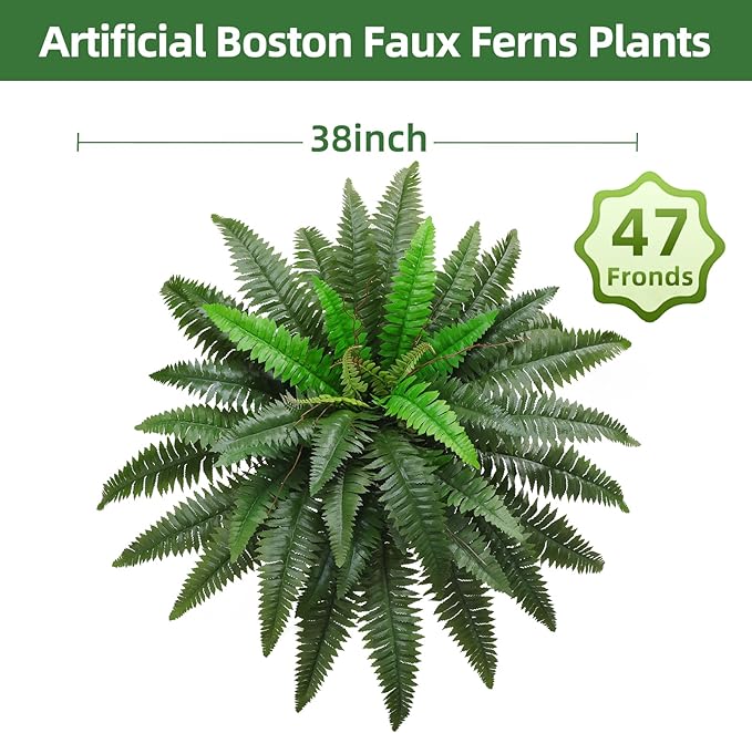 38" Artificial Boston Ferns Bush Plants, Set of 2, Large Faux Ferns Hanging Decor with 47 Fronds, Fake Vines Indoor Or Outdoors Planter for Home and Office Decor