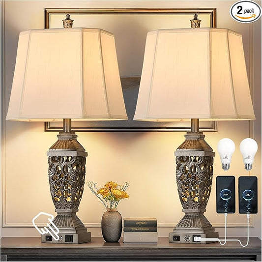 AIDENOEY Farmhouses Table Lamp with USB & USB-C Charging Ports, 3-Color Dimmable & Stepless Bottom Dimming, Touch Control & Switch, Vintage Bedside Lamp for Bedroom Living Room Office,(27.5" high)