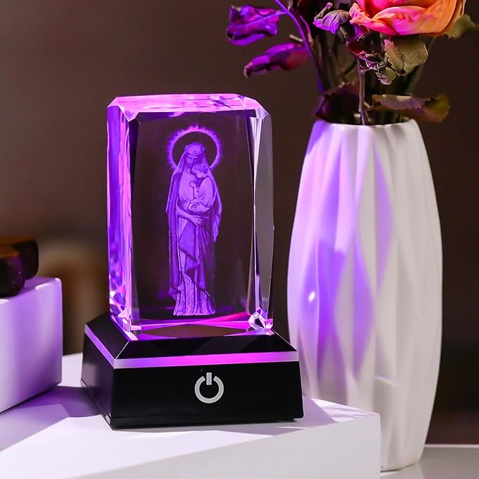 Movdyka Virgin Mary Statue Night Light - 3D Laser Engraved Madonna and Child Crystal Cube with Color-Changing LED Base | Catholic Gifts for Women & Men