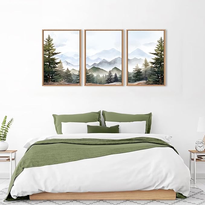 KAIRNE Framed Mountain Canvas Wall Art Set, Misty Forest Wall Decor, Green Pine Tree Wall Painting, Nature Widerness Landscape Art Print for Living Room, Bedroom, Study, Gallery - 16"x24"x3