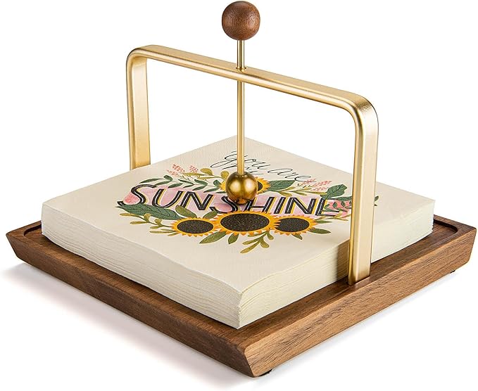Wood Napkin Holder for Table, Square Tabletop Napkin Dispenser with Sophisticatedly Metal Center Bar, Cocktail Napkin Holder for Home, Kitchen, Office, Restaurant, Hotel, Cafe, Bar