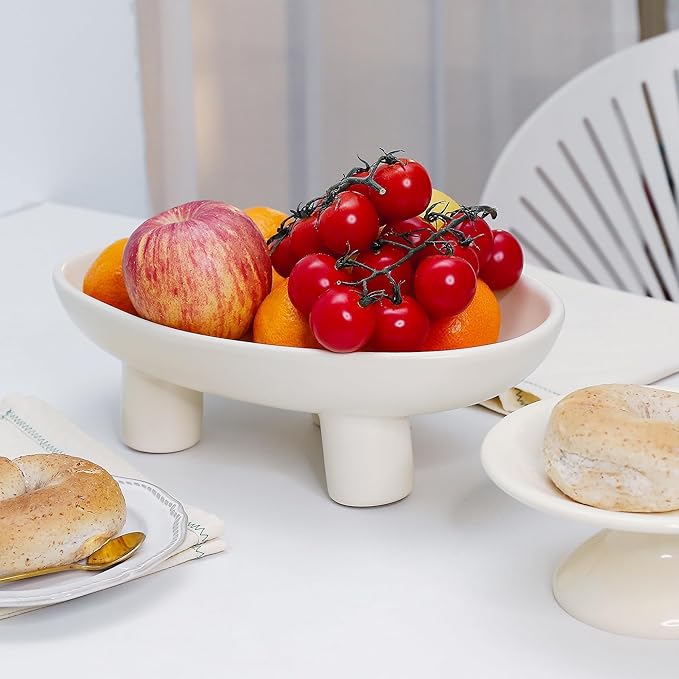 Fruit Bowl Three-Legs Ceramic Fruit Bowl for Kitchen Counter, 12 Inch Fruit Basket Decorative Candy Bowl for Table Décor, Oval Large Bowls Key Bowl Home Table Décor (Crème 12 Inch)