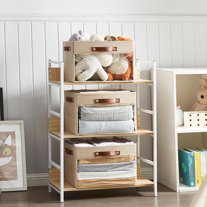 Large Storage Baskets with Clear Window, See Through Closet Organizer with PU Handles, Linen Foldable Storage Bins for Organizing Clothes, Toys, Books (Khaki)