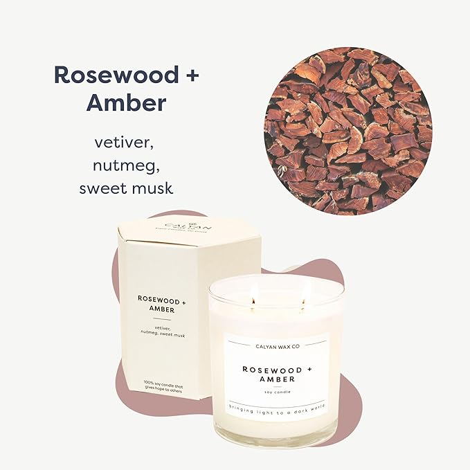 Calyan Wax Co. 2 Wick Candle, Rosewood + Amber Scented Candle, 37 Hour Burn Time, Aromatherapy Soy Candles, Non Toxic & Vegan Soy Wax, Glass Tumbler Scented Candles, 12.5oz