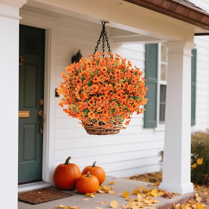 24 Bundles Fall Flowers Artificial for Decoration Outdoors, Fake Plants Autumn, Mums Daisy Eucalyptus Realistic UV Resistant for Garden Patio Porch Home Decor, Orange