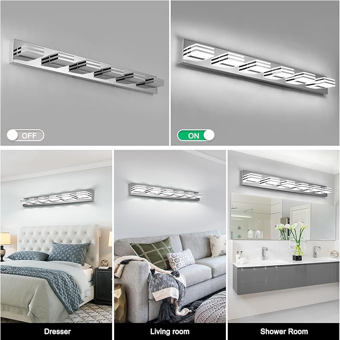 Modern Bathroom Light Fixtures 6 Light LED Vanity Lighting Bar 41 Inch Wall Lights above Mirror 36W Mirror Light Fixtures Chrome Bath Lamps 6000K Restroom Sink Light Long Vanity Sconces Lights