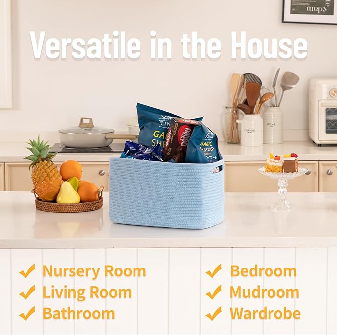 4 Pack Storage Baskets for Organizing Toys, Towels, and Clothes, Woven Basket for Shelves, Sturdy Nursery Cube Bins for Storage, 13''L x9''W x7.8''H, Blue