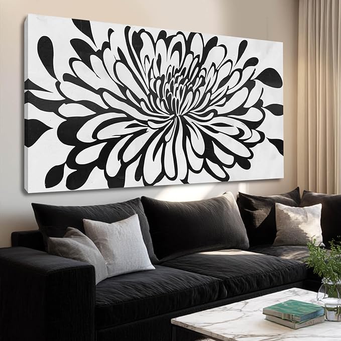GAIDUOMAI Canvas Prints Wall Art for Living Room Chrysanthemum Artwork Badroom Black and White Wall Decor Minimalist Art for Dining Room 24"x48"