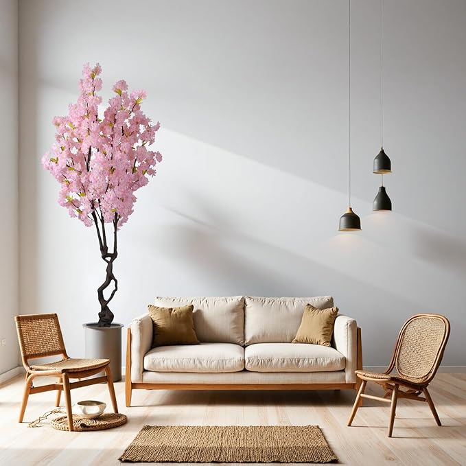 Artificial Pink Cherry Blossom Tree 7ft(84in) Faux Japanese Sakura Indoor Decoration Natural Fake Cherry Floral Tree for Home Realistic Silk Pink Flowers in Pot for Living Room,Office,Outdoor Decor