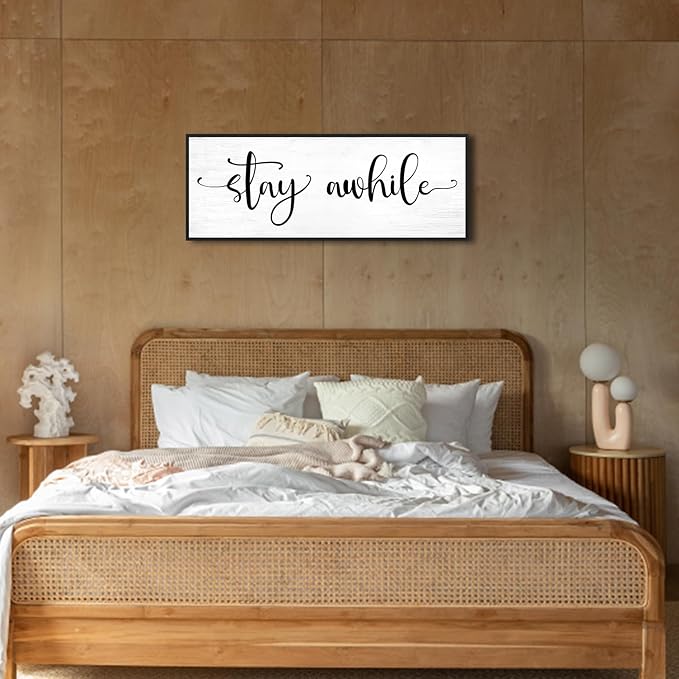 Stay Awhile Sign Wall Decor: 40''×15'' Farmhouse Kitchen Wall Art Print Rustic Framed Canvas Painting, Large Black Hanging Plaque for Dining Room Living Room Bedroom Home Decor
