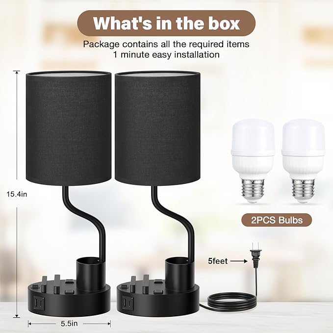 Black Bedside Table Lamps for Bedroom Set of 2 - Nightstand Light with AC Outlet and USB A & C for Charging, 3 Color Temperatures Desk Lamp with Pen Holder & Phone Stand for Living Room/Dorm/Office