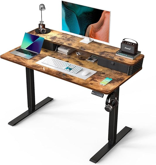 Electric Standing Desk with 2 Drawers 48''x 24'' Adjustable Height Sit to Stand Up Desk with Storage Shelf C-Clamp Mount Compatible Home Office Desks Computer Gaming Table Ergonomic Workstation