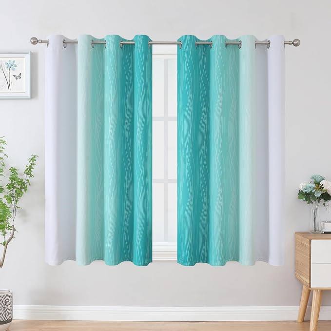 Estelar Textiler Teal and Greyish White Blackout Curtains 45 Inch Length, Light Blocking Gradient Drapes for Kitchen, Thermal Insulated Grommet Ombre Curtains for Bathroom,52Wx45L,2 Panels