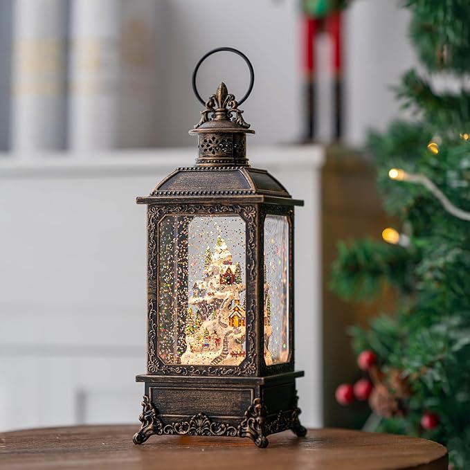 Christmas Village Snow Globe Lighted Snowy Mountain Village Scene, Musical Snow Water Lantern Swirling Glittering Home Decoration and Gift, Battery Operated or USB Powered