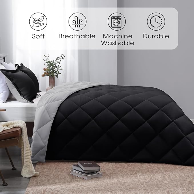 Basic Beyond Full Size Comforter Set - Black and Grey Comforter Set Full, Reversible Comforter Full Size Set, 1 Comforter (82"x92") and 2 Pillow Shams (20"x26"+2")