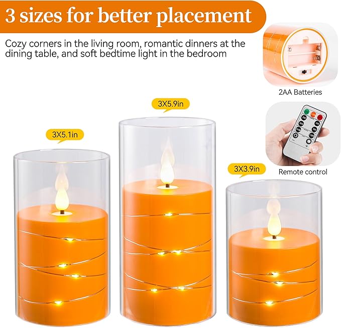 Da by Flickering Flameless Candles with Remote,Acrylic LED Candles with Embedded Star String,Battery Operated Candle, for Home and Holiday Decoration Set of 3（Orange）
