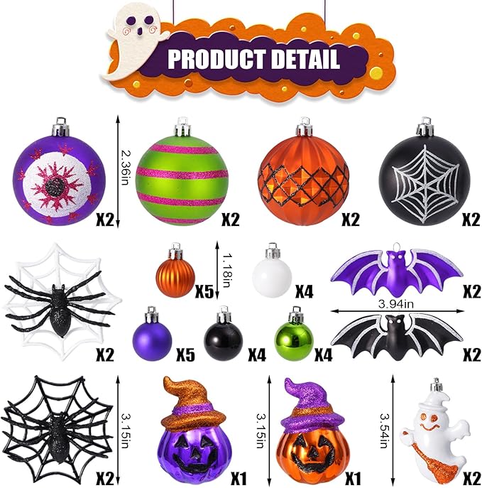 42PCS Halloween Ornaments Tree Decorations, Shatterproof Hanging Ball Set with Ghost Pumpkin Spider Bat Web Designs, Hanging Ball Ornaments for Small Halloween Tree, Holiday Party Indoor Home Decor