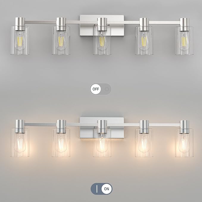 5-Light Modern Vanity Light Fixtures Over Mirror, Brushed Nickel Bathroom Light Fixtures, Vanity Lights, Wall Sconce with Clear Glass Shade for Bathroom, E26 Base