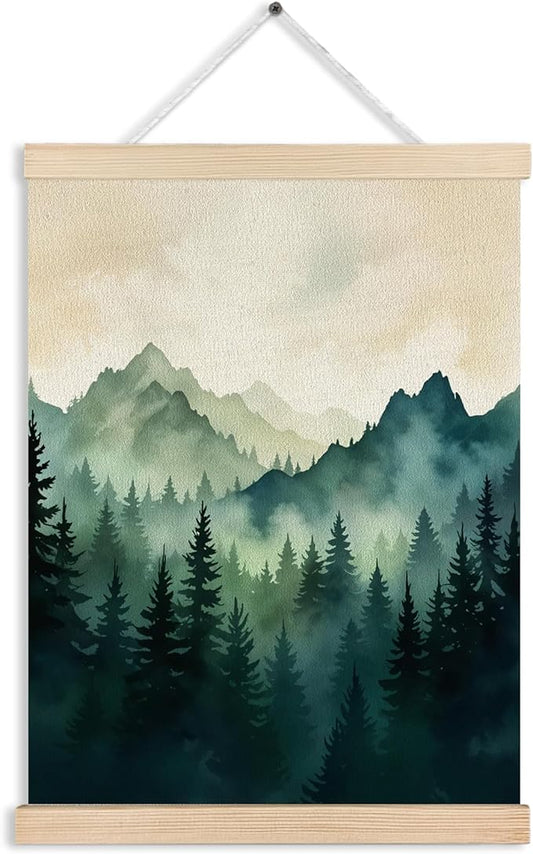 FITIE Misty Foggy Green Mountain Forest Canvas Wall Art Poster, Nature Room Decor, Dark Green Pine Forest Landscape Scenic Wall Decor Prints for Home Bedroom Living Room, 12x16 Inches