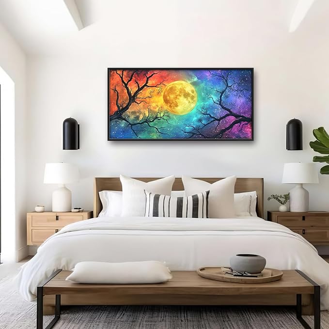 Extra Large Framed Abstract Moon Wall Art,Oversized Colorful Starry Night Tree Branch Wall Decor Pictures for Living Room,Canvas Print Painting Modern Artwork Bedroom Office Bathroom 60L x30W