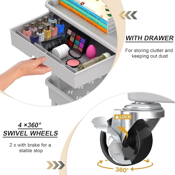 Goovilla 3 Tier Rolling Utility Cart Organizer with Removable Drawer, Stable and Sturdy Grey Rolling Storage Carts with 2 Lockable Wheels for Bathroom, Kitchen, Snack, Craft, Makeup, Baby Essentials