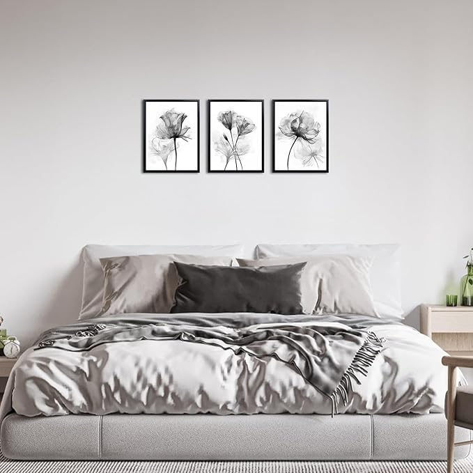 Framed Black and White Floral Bathroom Wall Decor Abstract Grey Flowers Canvas wall art for Living Room Office Bedroom Decor