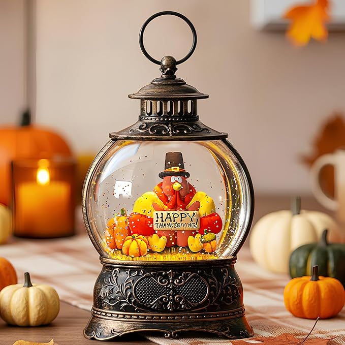 Fall Decor Turkeys Snow Globe Lantern, Thanksgiving Decoration Indoor Tabletop Centerpiece, Swirling Glitter Pumpkins Snow Globe with Turkey, Harvest Day Gifts, Home Fall Halloween Decor