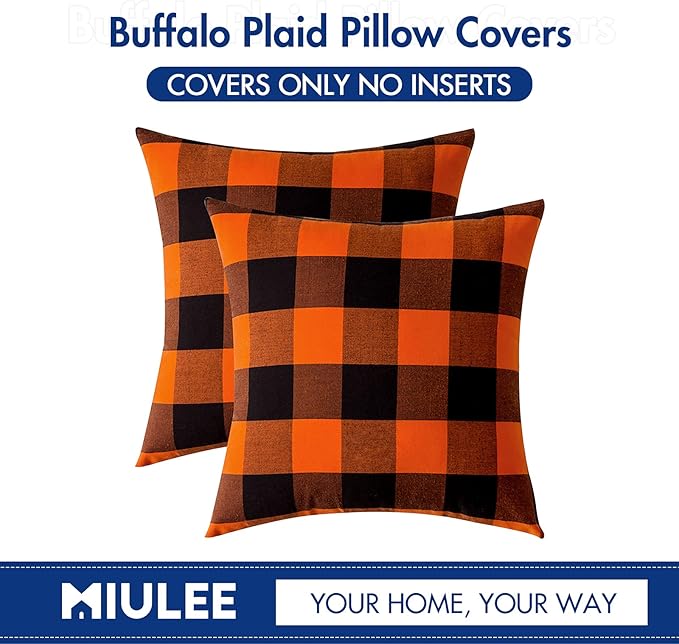 MIULEE Fall Throw Pillow Covers Halloween Pack of 2 Buffalo Check Farmhouse Checker Plaids Accent Polyester Linen Outdoor Cushion Case for Sofa Couch Orange and Black 20 x 20 Inch 50 x 50 Cm
